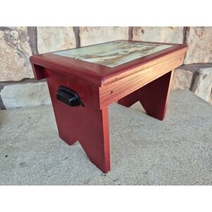 Vintage Wooden Step Stool Rustic Cabin Decor Winter Scene Small Foot Stool